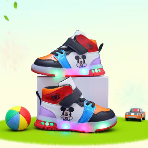 Disney Girls' Causla Shoes PU Leather Mickey Mouse LED Luminescent Children's Sneaker 1-6 Year Old B