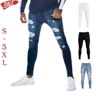 【CW】Men Skinny Jeans Male Elasticity Slim Pencil Pants Sexy Casual Hole Ripped Blue White Black Denim Jeans Mens Streetwear Trousers