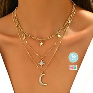 Moon Star Layered Necklace, 3-Layer Star Heart Necklace