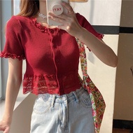 F&amp;L Women clothes korean Slim-Fit Sexy round Neck Lace Short Top Knitted T-shirt (Ready Stock)