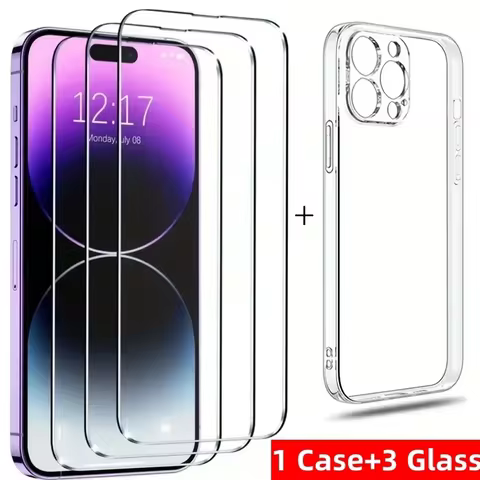 3pcs HD Tempered Glass + 1pc Phone Case Set Meal For IPhone 16 15 13 14 Pro Max 12 Mini 11 Pro Max 1