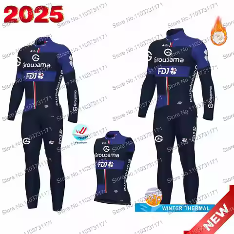2025 Team FDJ Cycling Jersey Set Long Sleeve France Cycling Clothing Mens Winter Thermal Bike Jacket