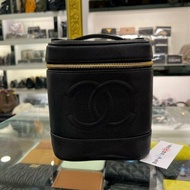 東區正精品㊣CHANEL 香奈兒黑色荔枝皮金釦拉鍊手提包化妝箱包 Vintage RZ6261