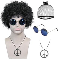 IMEYLE Wig Short Black Wig Afro Wig (1 Wig+ 1 Glasses+1 Necklace+ 1 Wig Cap) for Men Curly Cosplay Wig 70s 80s Disco Hippie Wig Synthetic Wig for Halloween Costume Party