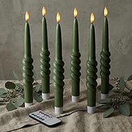 Smooth Taper with Twist Flameless LED Taper Candles 10" – Loden Green, Set of 6 – Remote, Dimmable, 