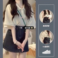 Waffle Apricot Half-Sleeved polo Shirt Female Student Party Lapel T-Shirt Loose Top Denim Skirt Too 