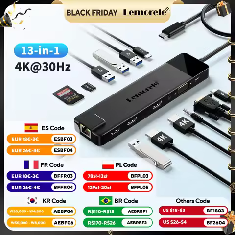 Lemorele 4K USB Hub USB C to Dual HDMI VGA Gigabit Docking Station USB 3.0 VGA Adapter SD Card Reade