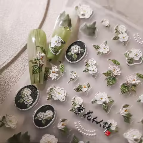 White Camellia Pearl 5D Embossed Reliefs Self Adhesive Nail Art Stickers Jasmine Peach Blossom 3D Ma