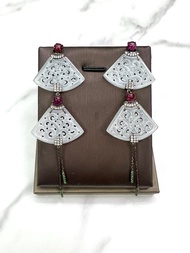 冰種 天然鑽石 頸鏈 耳環 • 18K金中國古典風冰種白翡翠扇子耳環