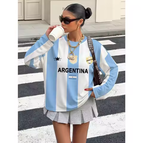 Women's Striped Argentina Pattern Long Sleeve T Shirt Retro Preppy Classic Fashion Street Style Top 