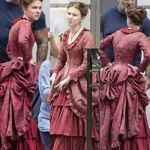 Enola Holmes Cosplay Costume Victorian 1880s Red Ball Gown Enola Holmes Red Bustle Victorian Rococo 