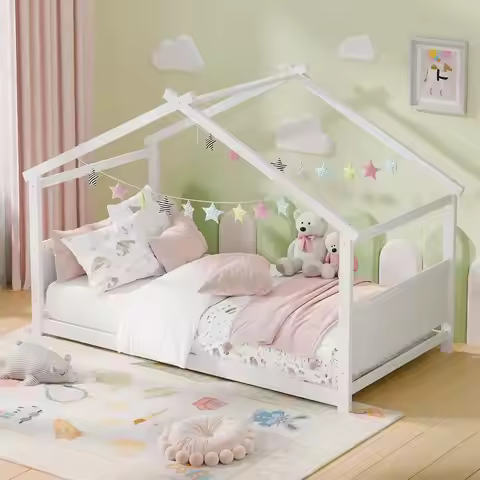 House Bed, Montessori Floor Bed with Headboard amp Footboard, Solid Wood Bed Frame for Toddlers Teen