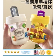 KEKEBEBE 330ml CHER Duo Way Kids Mini Water Bottle Straw Drinking Children Small Bottles 3D Sticker