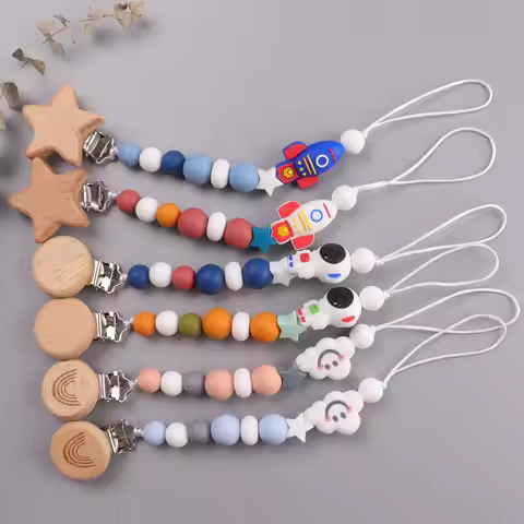 Baby Boy Girl Pacifier Holder Chain Food Grade Chew Silicone Beads Cute Rocket Pacifier Clips