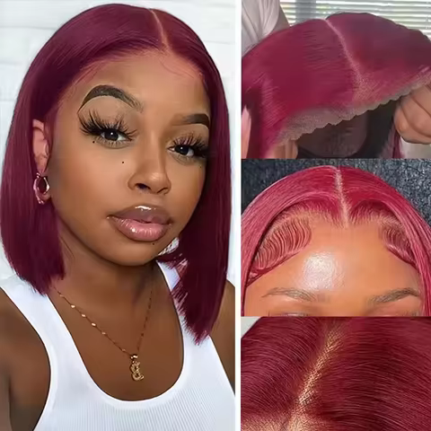 Burgundy Bob Wig 4C Hair Human Hair 13x6x1 Frontal Lace Straight Bob Wigs 99J Red Short Bob Wig Midd