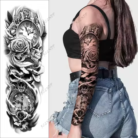 Waterproof Temporary Tattoo Sticker full arm sleeve Rose Skull Head Clock Fake Tatto Flash Tatoo arm