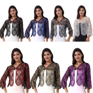 Yeahdor Women Sequin Hollow Lace Bolero Long Sleeve Hook-Eye Closure Shrug Cardigan Wedding Event Dr