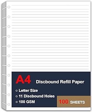 A4 TUL Discbound Lined Refill Paper, 11 Disc Hole Punched Ruled Filler Paper, Letter Size Refills Paper, 100Sheets / 200Pages, Loose-Leaf Paper, 100gsm Paper, 8.5 X 11 Inch