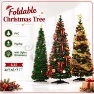 4-7FT Foldable Christmas Tree Pop Up Artificial Tinsel Slim Christmas Tree with Lights Ornaments