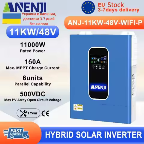 Solar Inverter Hybrid ANENJI 11KW Hybrid Solar Inverter 48V 230V Pure Sine Wave Off/On Grid Inverter