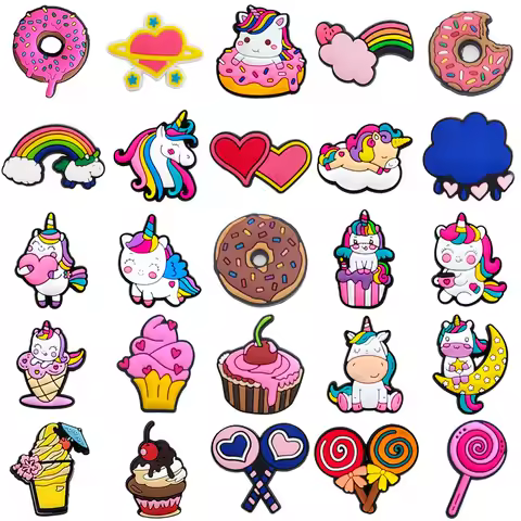 Unicorn Doughnut Cake rainbow candy Shoe Charms for Clogs Sandals Decoration Shoe Buckle for Friends
