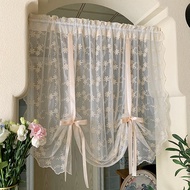 Beige Romantic Little Floral Lace Sheer Tie Up Balloon Curtain for Kitchen Liftable Tier Roman Curtain Victorian Drapes for Small Window Cafe Balcony Rod Pocket 1 Panel