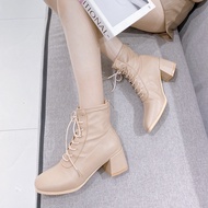 Women's Short Collar Lace-up Boots Super Soft Genuine Leather 5cm Square Heel VIP27 PIZI