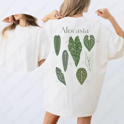 Alocasia Leaf Print on Back Botanical Poster Cotton Shirt Plant Lover Gift Monstera Floral Botany Ho