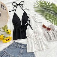 2-Pack Women's 100% Cotton Black White Sexy Halter V-Neck Backless Textured Camisole Tops, Music Fes