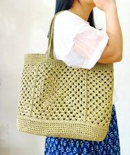 鏤空感窗花拼接 拉菲草編織袋-抹茶色