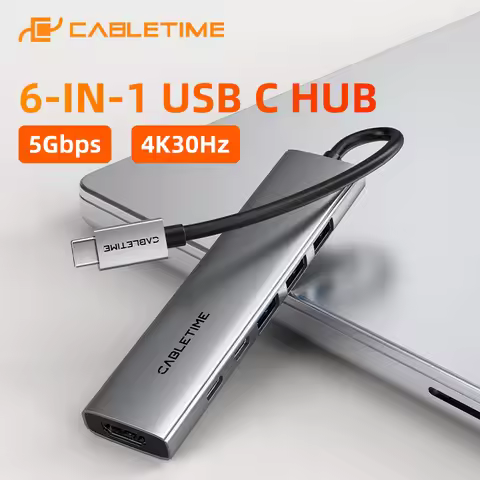 CABLETIME 6 IN 1 USB C HUB 4K@30Hz Dispaly USB C/A 3.0 5Gbps PD100W Charger for Laptop Macbook Dell 