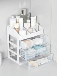 1入組收納抽屜3層塑料桌面收納盒子抽屜式桌面收納盒透明化妝品組織架可攜式儲物櫃適用於家庭、辦公室（白色）塑料抽屜