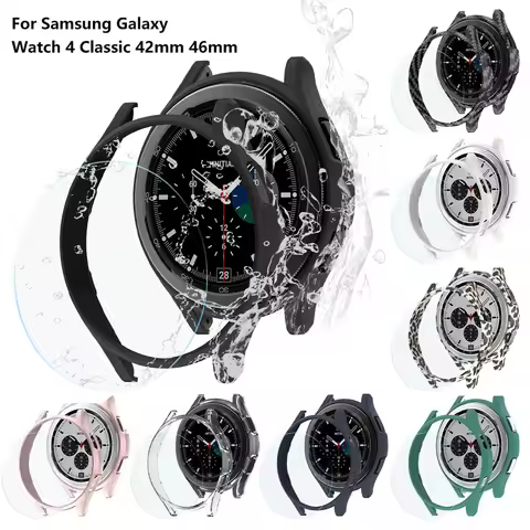 Glass+Case for Samsung Galaxy Watch 4 Classic 42mm 46mm,PC Matte Cover All-Around Protective Bumper 