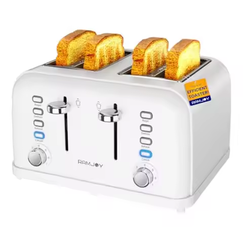 White 4-Slice Toaster with Dual Independent Controls Extra Wide Slots for Bagel Bread Waffle 7 Shade