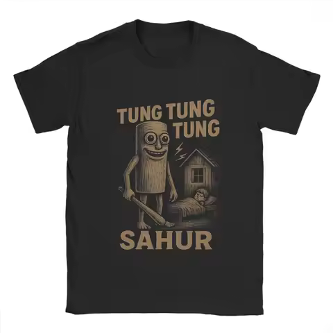Men's Tung Tung Tung Sahur Italian Brainrot T Shirt Pure Cotton Clothes Short Sleeve Round Neck Tee 