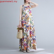 Women's Round Neck Sleeveless Dress Loose Printed Cotton and Linen Causal A-Line Dress