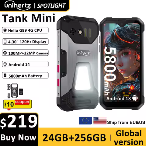 Unihertz 8849 Tank Mini Rugged Smartphone 4.3 Inch Display Android 13 5800mAh 24GB 256GB Helio G99 O