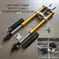 UNIVERSAL MOTOCROSS/CUBCROSS/OFFROAD/SCRAMBLER USD FORK 735MM WITH T CLAIM + CALIPER PUMP SET ASSY(F