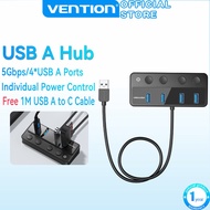 Vention USB A HUB 4 In 1 USB3.0 5Gbps Fast Speed USB C Adapter With Individual Power Switches (Free 
