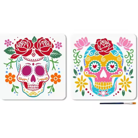 2Pcs 2 Styles Halloween Skull Floral Pattern Stencils 11.8x11.8inch Day of The Dead Reusable Scary S