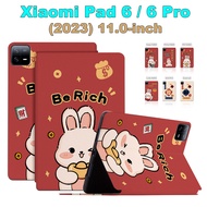 For Xiaomi Pad 6 (2023) 11.0" Mi Pad6 Pro Fashion Tablet Case NewYear Festival Cute Rabbit Pattern Flip Stand Casing PU Leather Protective Cover
