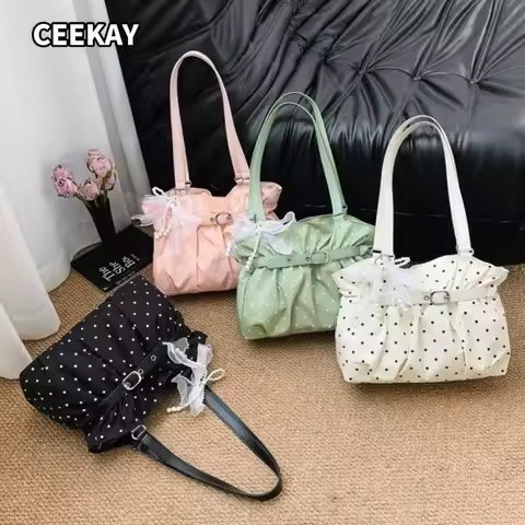 CEEKAY Women's Shoulder Bag Multi-Color Polka Dot Ruched Handbag Sheer Bow Pearl Pendant Daily Casua