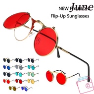 JUNEGOODS Flip-Up Sunglasses Vintage UV Protection Circle Glasses Steampunk Sunglasses