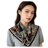 Printed Scarf, Small Square Scarf, Two-Color Herringbone Pattern Silk Shawl |   Luxurious Oil Leaf P