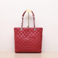 CHANEL(香奈兒) 紅色 荔枝 17開 銀扣 PST 購物袋 中號
