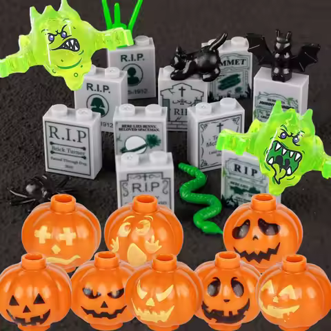 MOC Halloween Pumpkin Head Cover Building Blocks Kit Ghost Headgear Green Evil Spirits Accessories B
