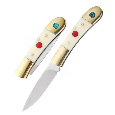 Brass beef bone handle folding knife, 9cr18 stainless steel fruit knife. Exquisite pocket knife, per