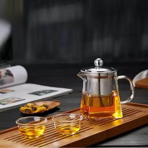 Simple 350ml-950ml Teapot Large Square Teapot Household Heat Resistant Glass Stainless Steel Filter