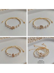 銅鍍假珍珠手串,微嵌鑲天然假珍珠月形鑲嵌鑽石手環,適用於春夏季的ins風手鍊,女士手飾