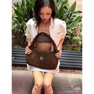 Mue Cailee Spaeny Latest campaign Suede Wrist Bag wander Handbag Pleated Bowling hobo Underarm Bag S
